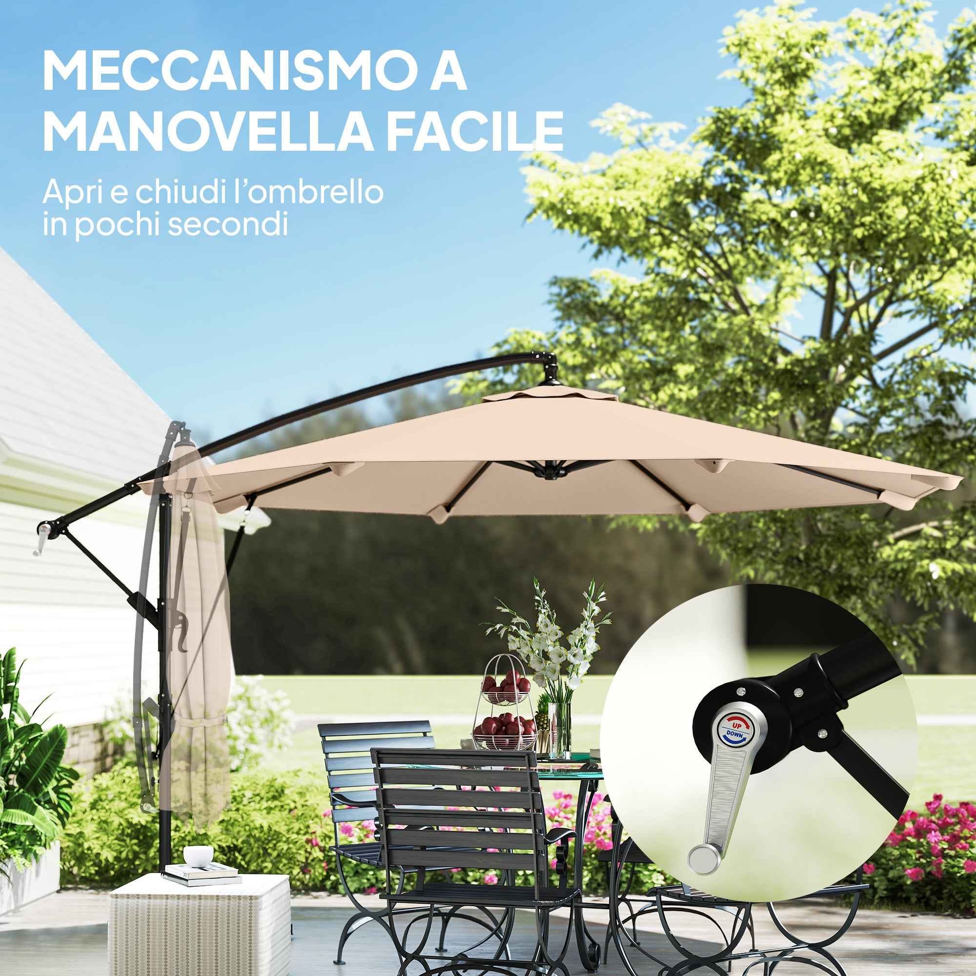 Outsunny 3m Cantilever Umbrella with Cross Base and Crank Handle, in Metal, PP and Polyester, Khaki