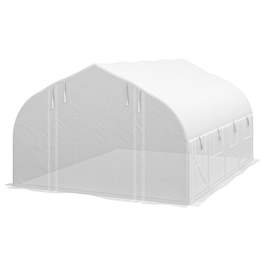 Outsunny 4x3m Tunnel Garden Greenhouse with PE Cover, Door and 8 Roller Windows, White - Borgè