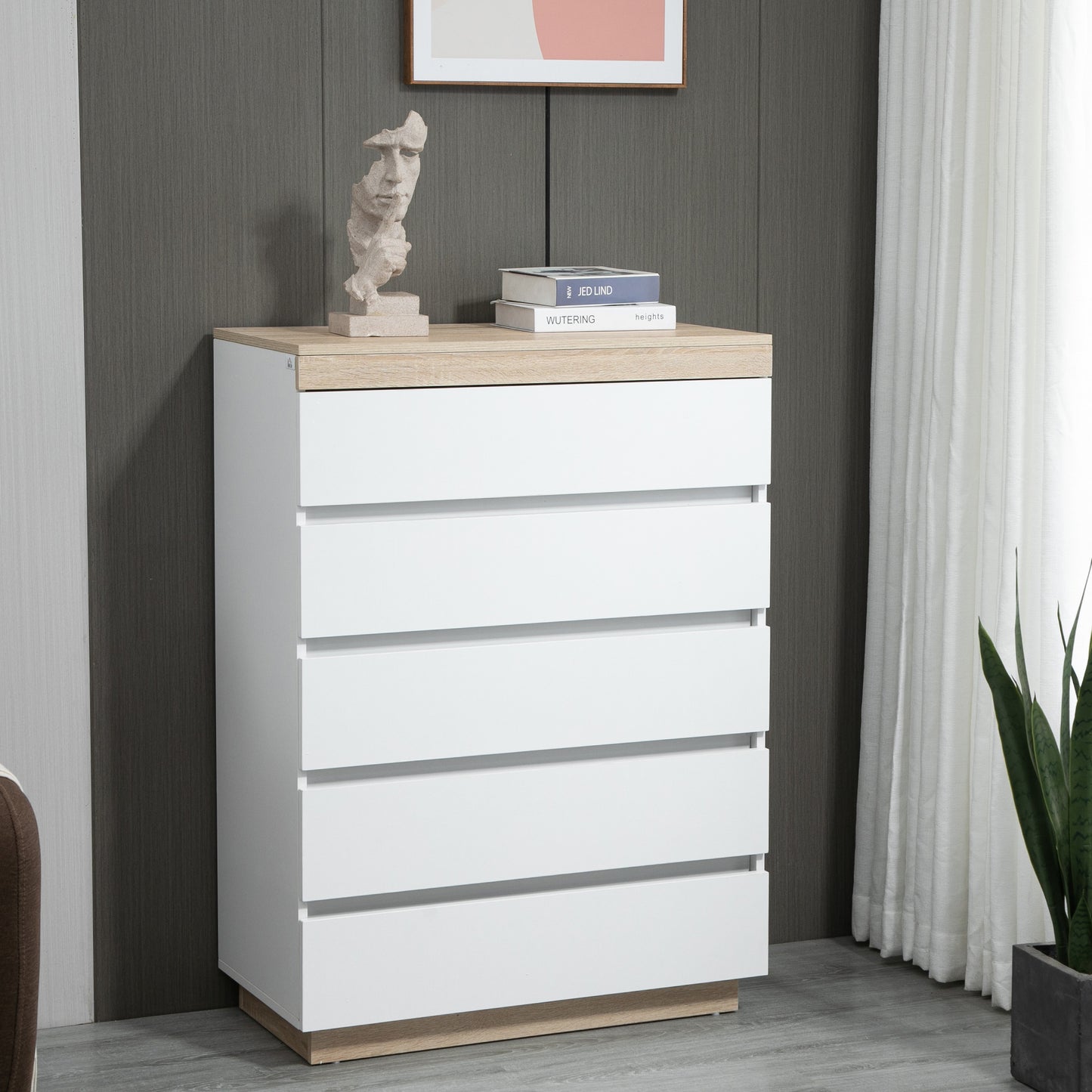 Minimal 5 Drawer Chest of Drawers in Wood, 80x40x109 cm, White and Oak Color