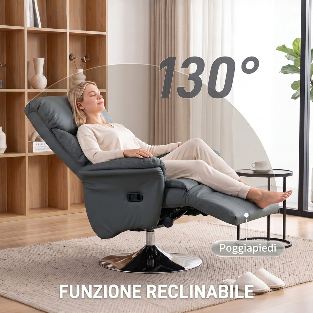 HOMCOM 130° Swivel Reclining Relaxing Chair with Footrest, Flared Armrests, Faux Leather, Grey