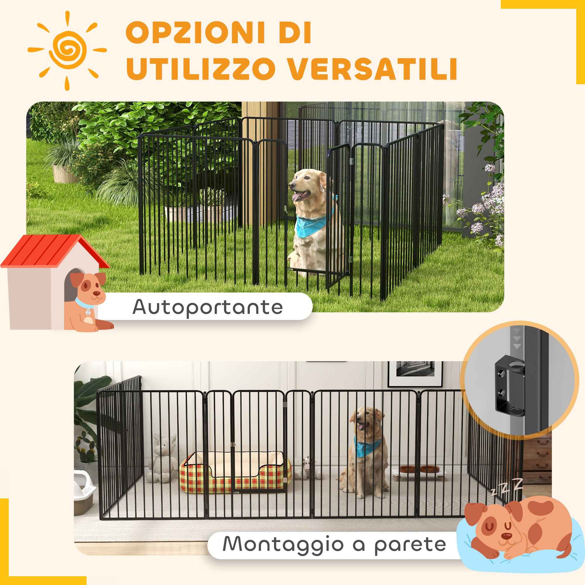 PawHut 8-Panel Modular Indoor/Outdoor Dog Kennel with 9 Pegs, Steel, 164x164x100 cm, Black