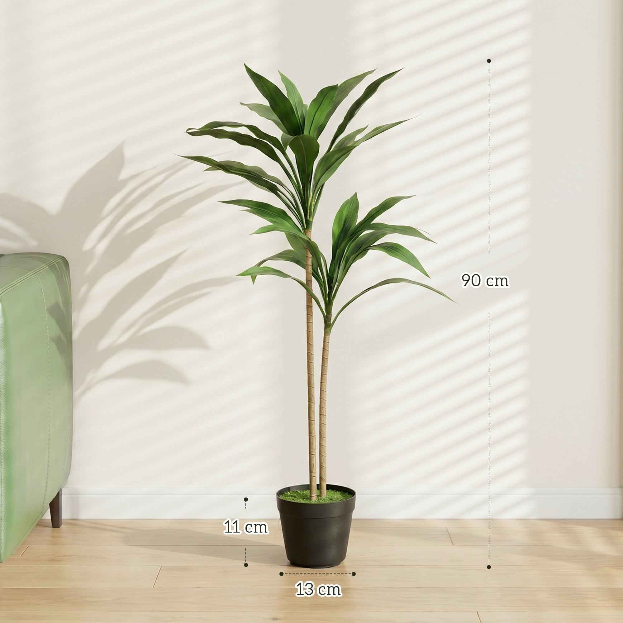 HOMCOM Artificial Cordylinea Plant with 29 PEVA Leaves, Black Pot Filled with Moss Effect Cement, Green