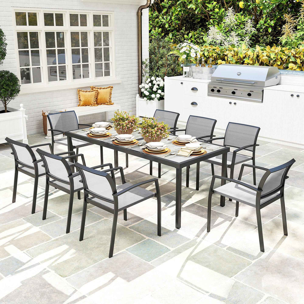 Outsunny Garden Set with Rectangular Dining Table and 8 Stackable Chairs with Armrests, Grey