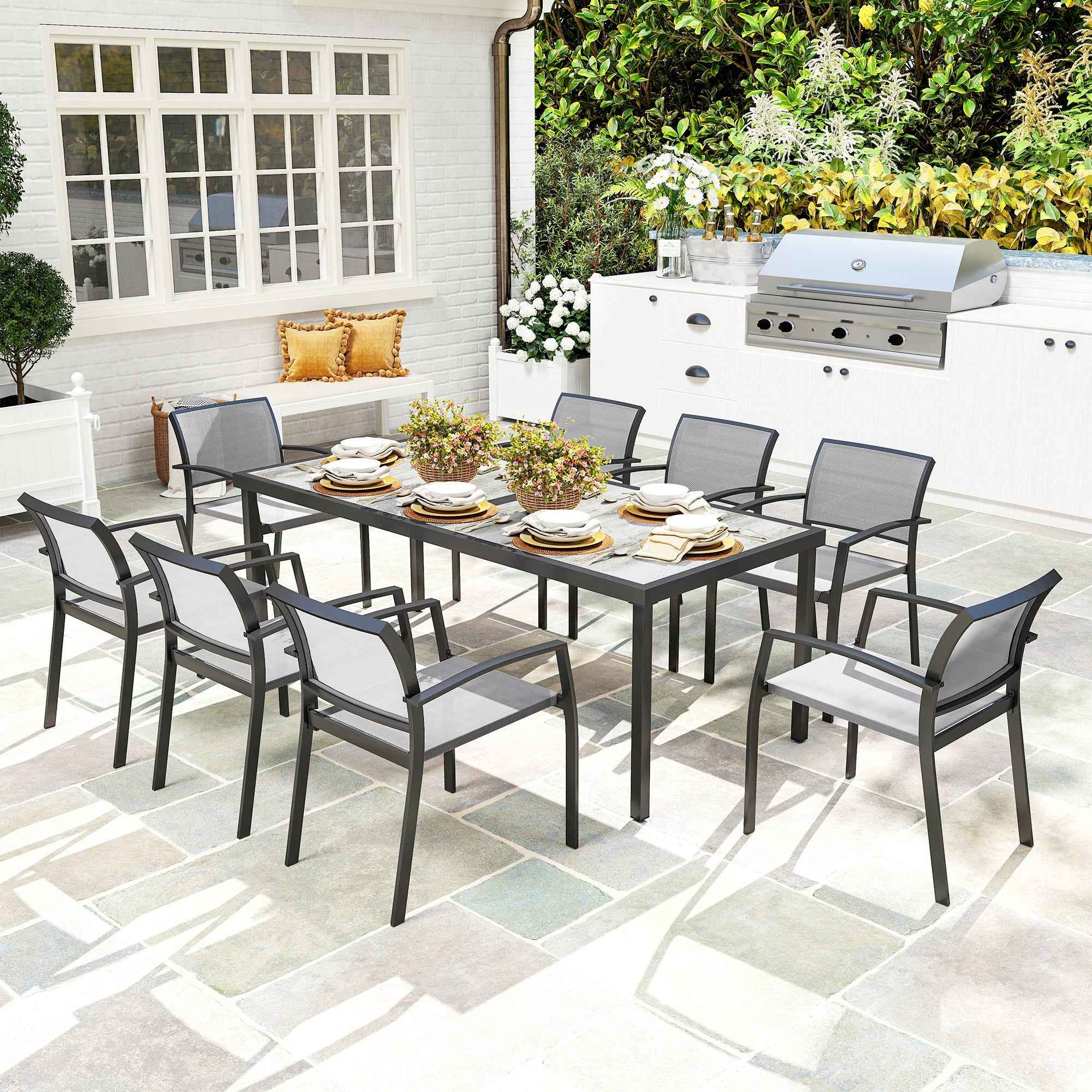 Outsunny Garden Set with Rectangular Dining Table and 8 Stackable Chairs with Armrests, Grey