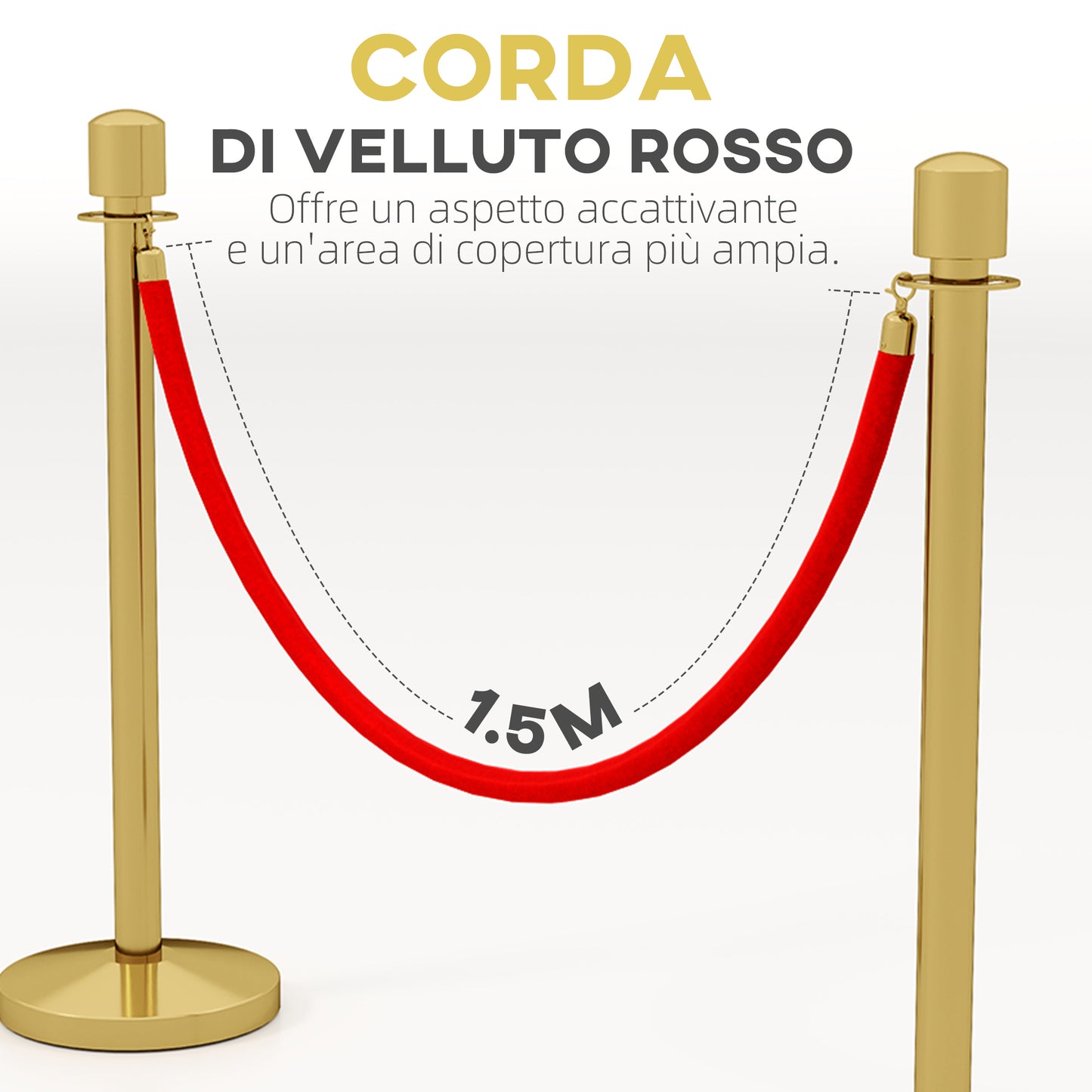 Gold Stainless Steel Path Marker with 1.5 m Red Velvet Rope and Fillable Base, Ø32x96 cm