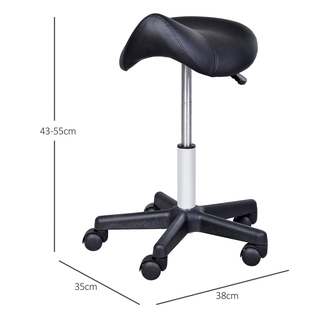 HOMCOM Swivel Saddle Stool with Wheels and Adjustable Height, Padded and Covered in Faux Leather, Black - Borgè