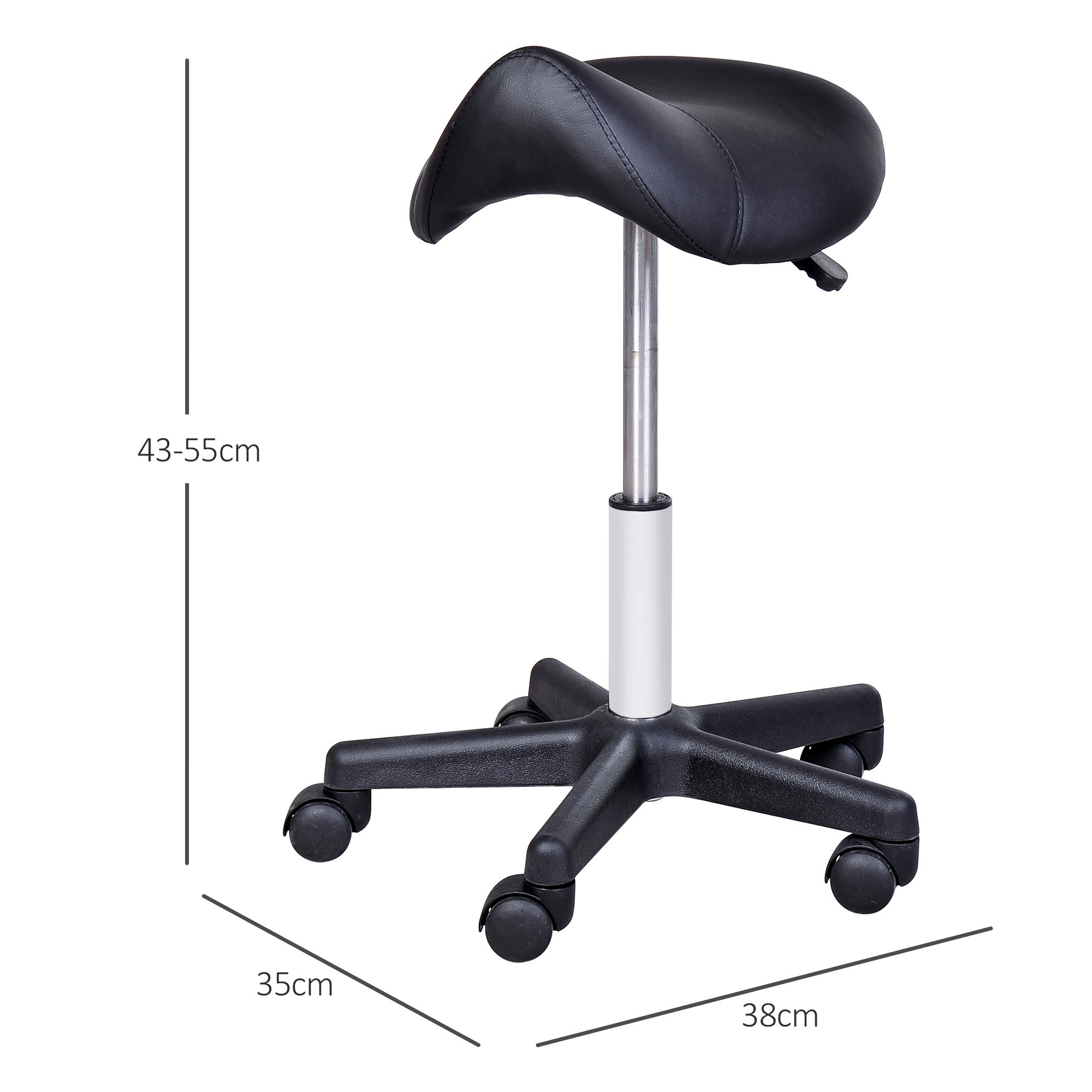 HOMCOM Swivel Saddle Stool with Wheels and Adjustable Height, Padded and Covered in Faux Leather, Black - Borgè