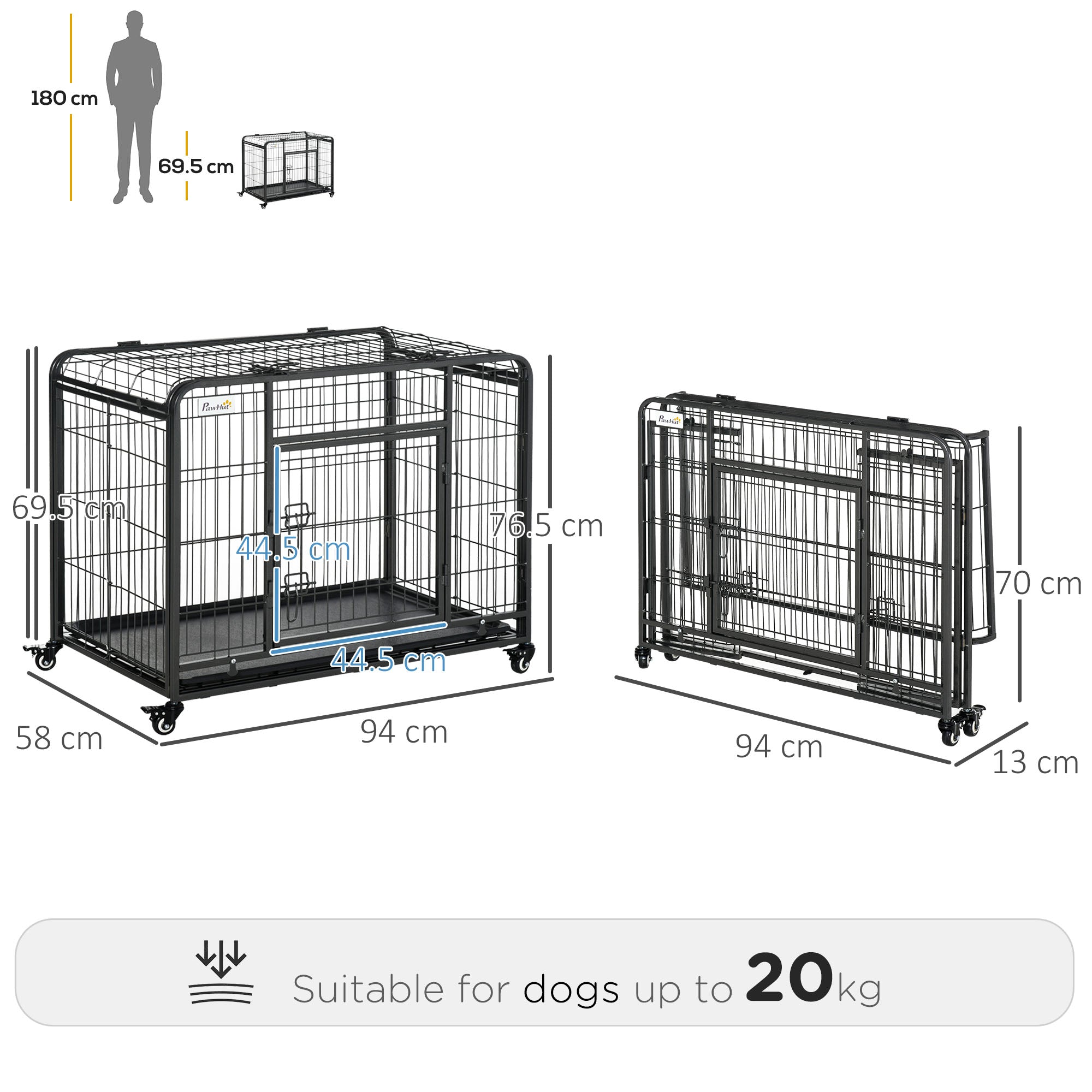 Folding Dog Kennel with Double Door and Lock, 4 Wheels with Brakes and Removable Bottom, 94x58x69.5 cm, Grey