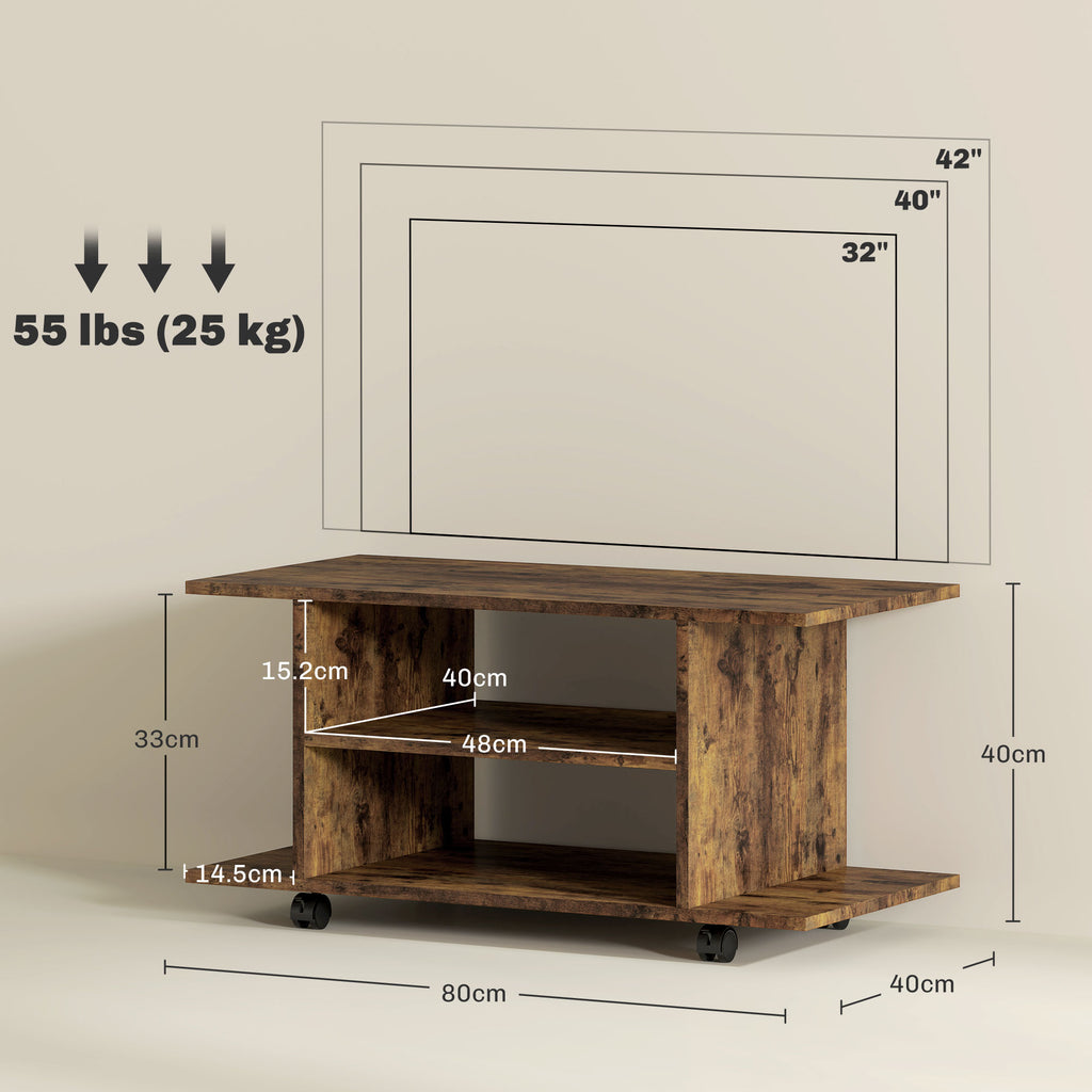 Modern TV Stand with Shelves, Swivel Wheels and Brakes, 80x40x40 cm, Rustic Brown