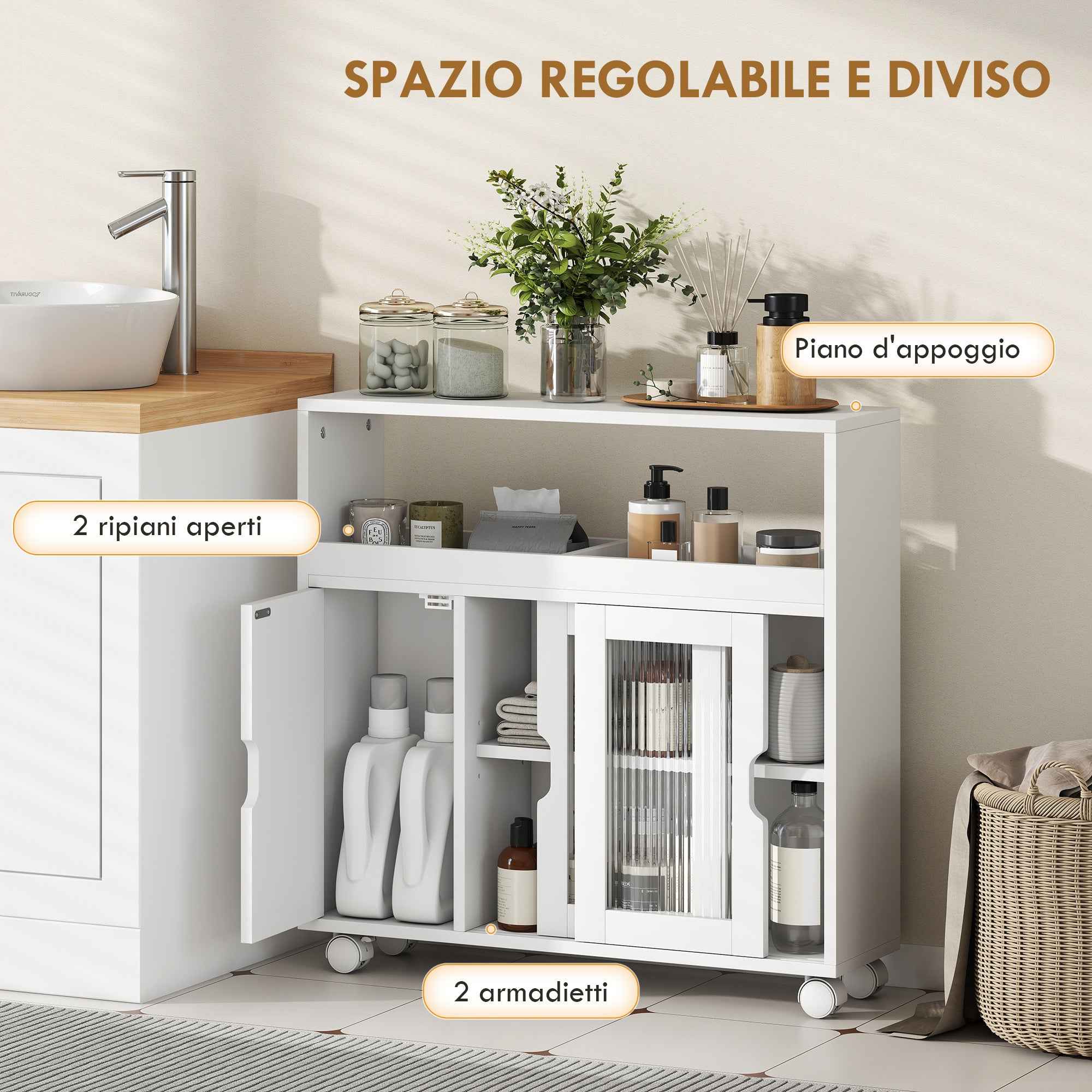 HOMCOM Wooden Bathroom Cabinet with Wheels, Open Space, Adjustable Shelves and Glass Doors, 71x20x70 cm, White
