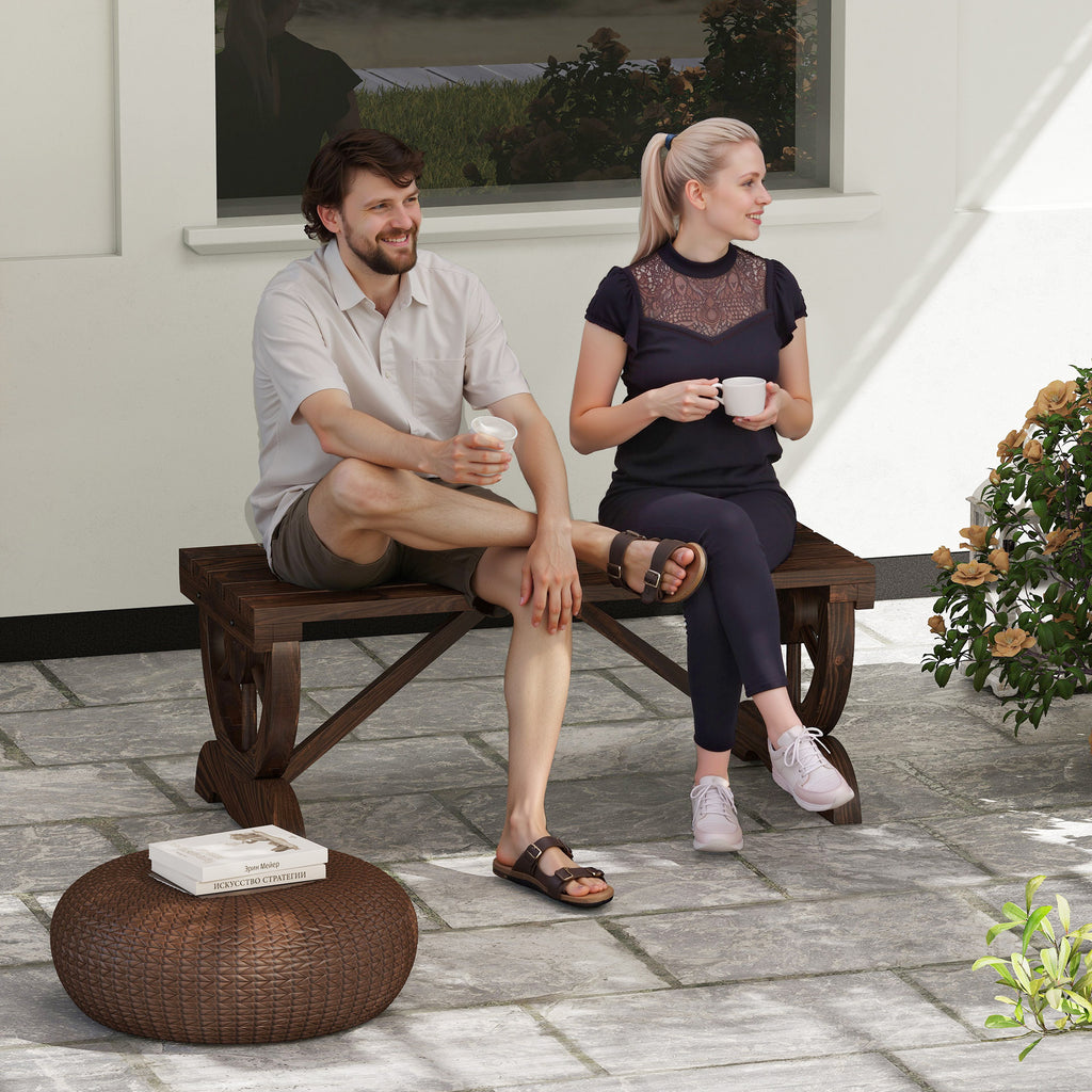 Outsunny 2-Seater Garden Bench with Wheel Design, Outdoor Slatted Fir Wood Bench, Patio and Backyard Terrace Bench, 98x50x39.5 cm, Brown