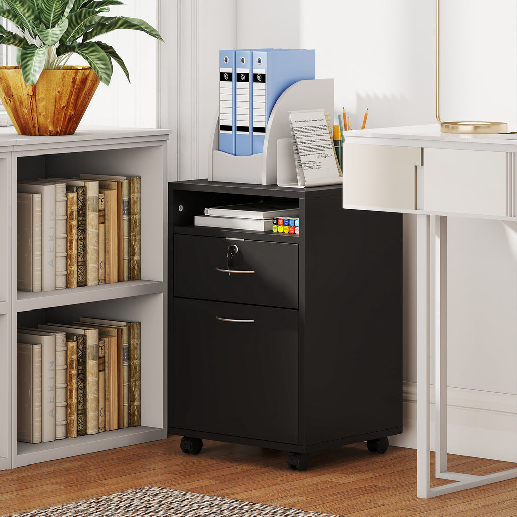 Wooden Office Cabinet with Open Shelf, Lockable Drawer and Storage Cabinet, 40x35x60 cm, Black