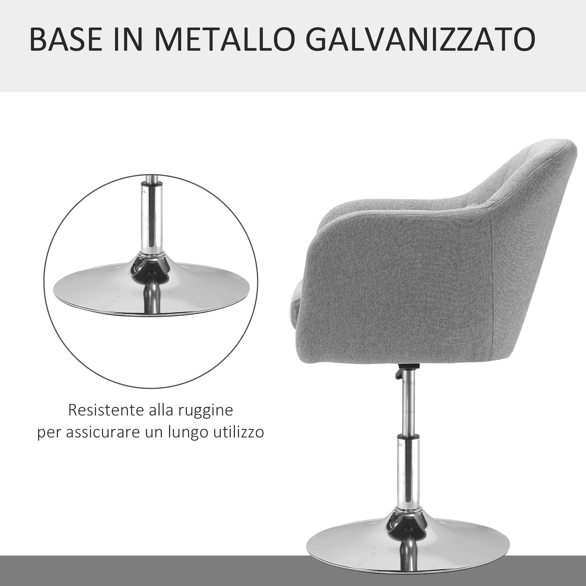 Swivel Chair with Adjustable Height, with Cushion, Lumbar Support and Armrest, 60x60x79-91 cm, Grey