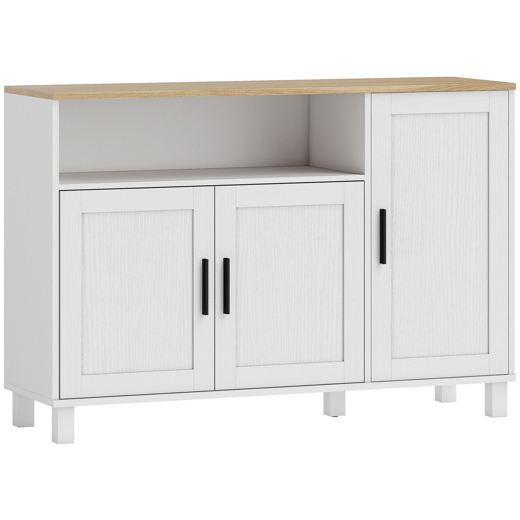 Kitchen Sideboard with Soft-Close Doors, 2 Cupboards and Open Wooden Compartment, 110x33x75 cm, White