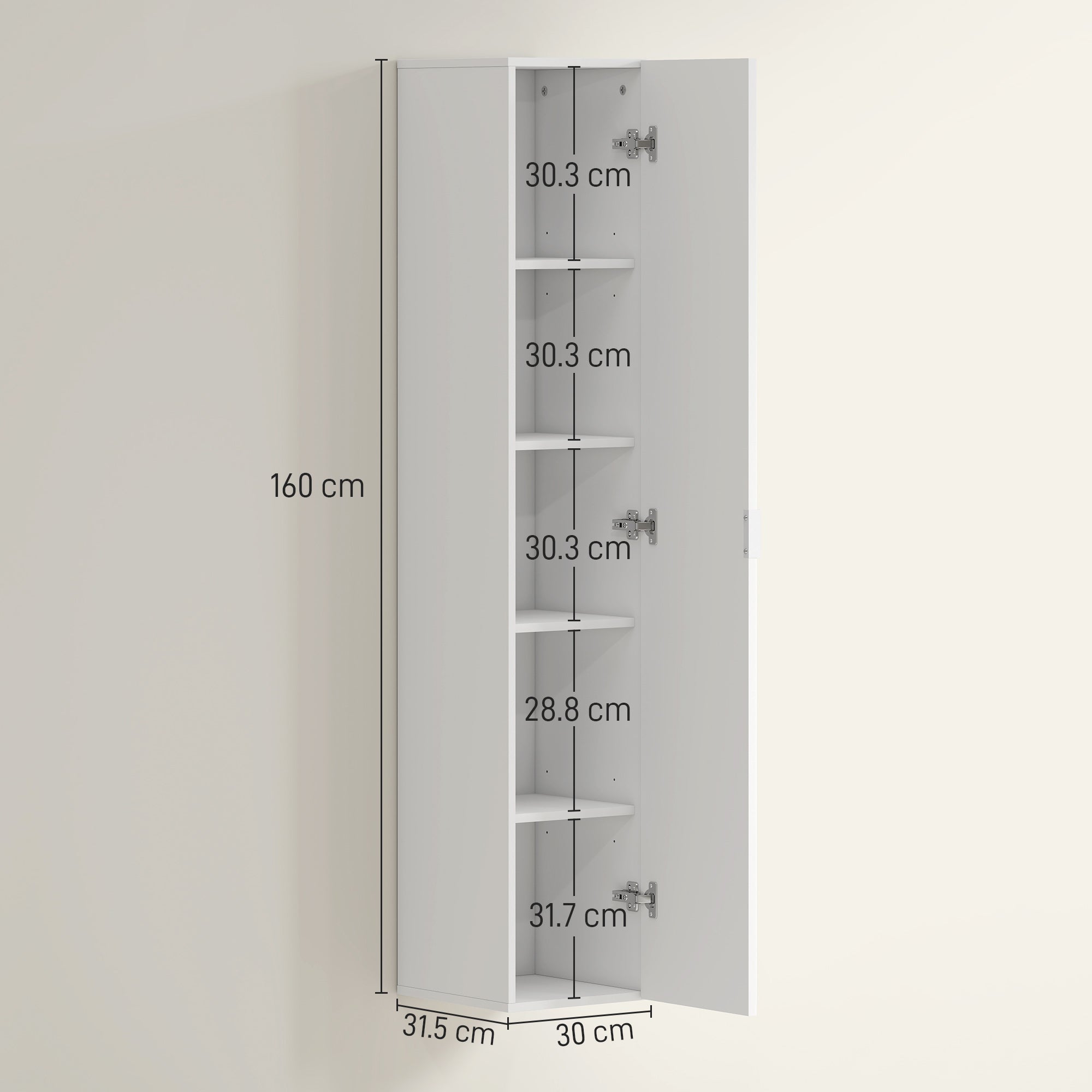 Wall-Mounted Bathroom Cabinet with Adjustable Shelves and Soft-Close Closure, 30x31.5x160 cm, White