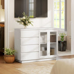 Wooden Buffet Sideboard with 4 Drawers and Cabinet with Glass Doors and Adjustable Shelves, 120x40x91 cm, White
