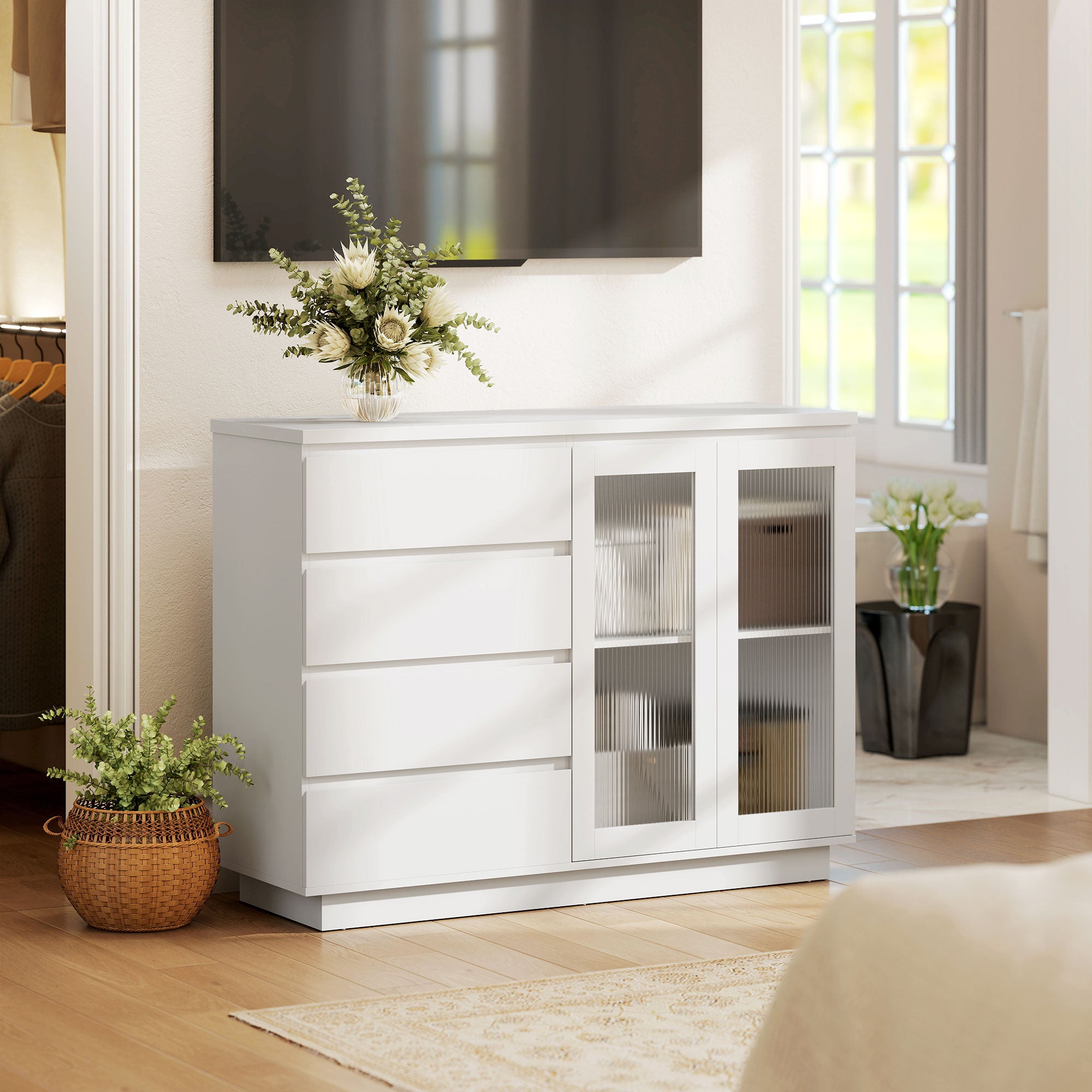 Wooden Buffet Sideboard with 4 Drawers and Cabinet with Glass Doors and Adjustable Shelves, 120x40x91 cm, White