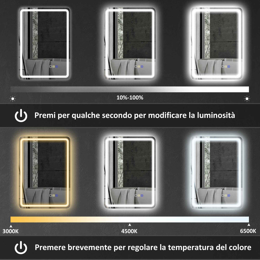 HOMCOM LED Bathroom Mirror with Bluetooth, Adjustable Lighting and Memory Function, Tempered Glass, 70x50x3.5 cm