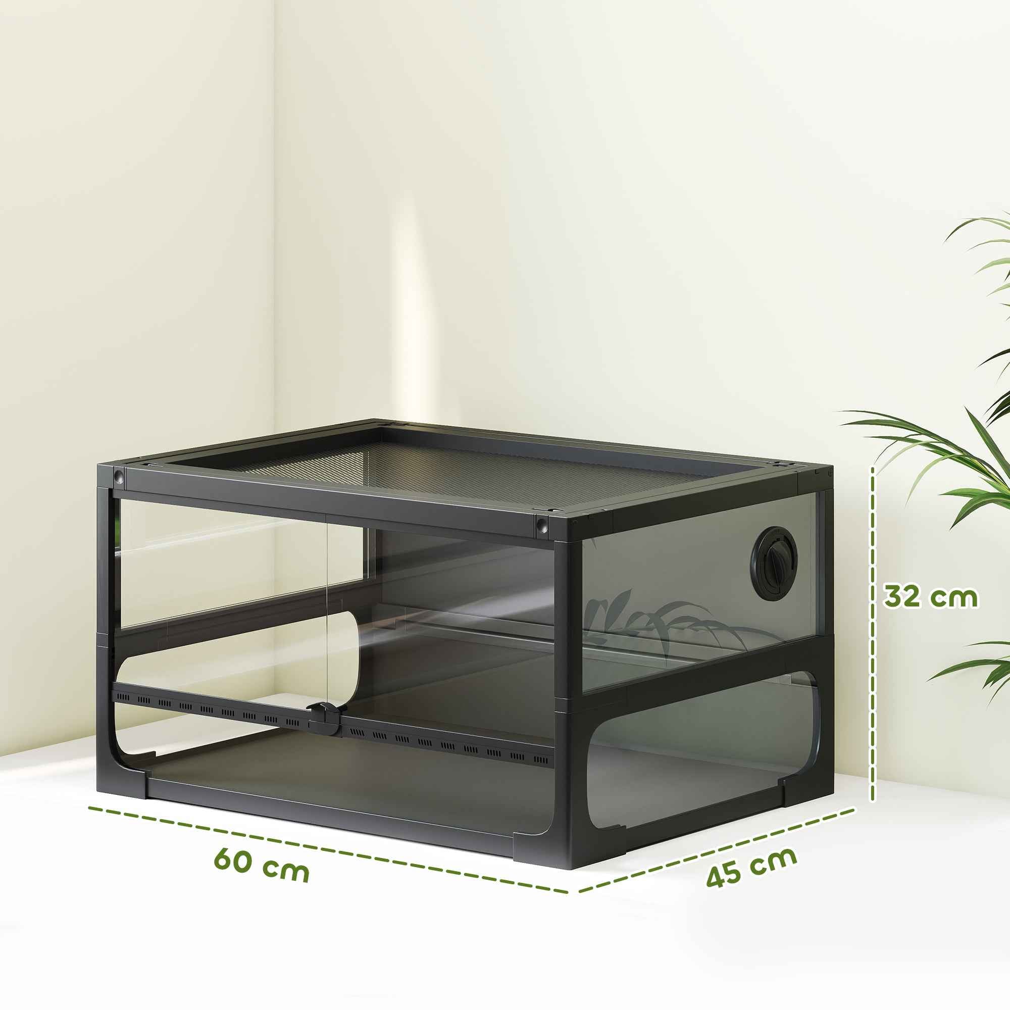 PawHut Raised and Foldable Reptile House with Tempered Glass and Plastic Lid and Walls, 60x45x32 cm, Black