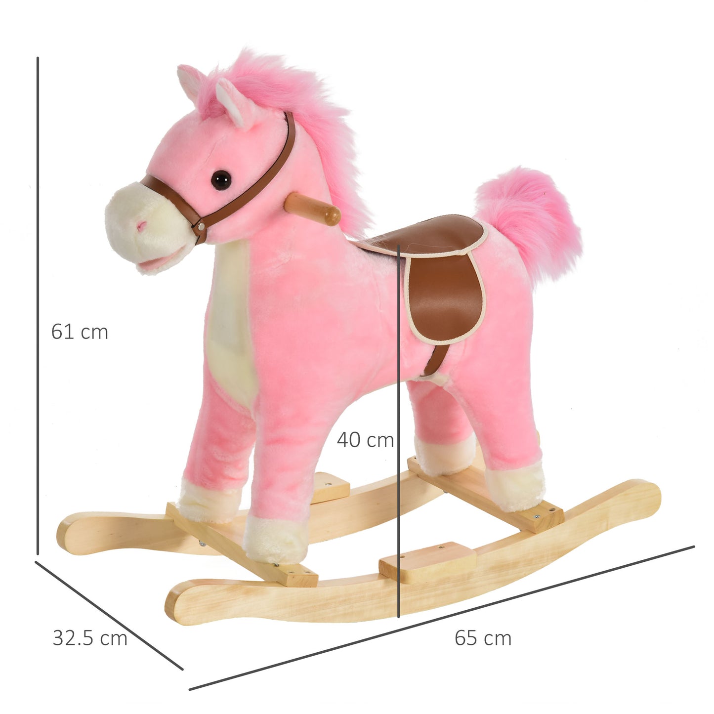 HOMCOM Wooden Rocking Horse Toy with Realistic Sounds for Children 36-72 Months, Includes 2 AA Batteries, Pink