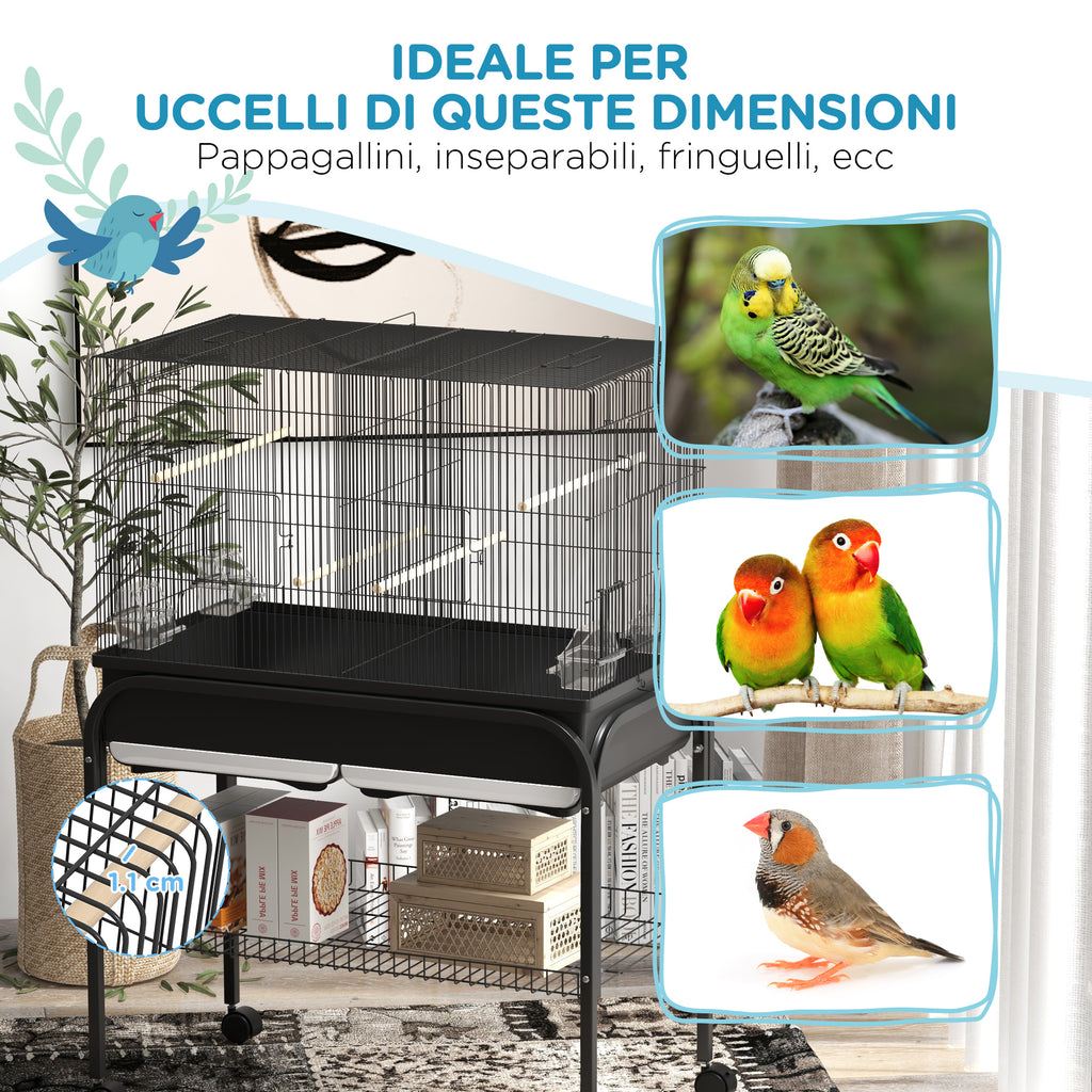 PawHut Indoor Bird Cage with Tray, Shelf and Wheels with Brakes, 85x49x119 cm, Black