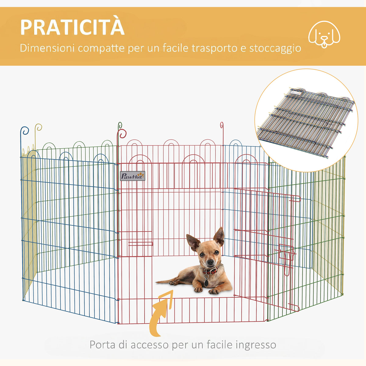 PawHut 8-Panel Dog Gate with Snap Lock, for Medium Dogs, Steel, Ø156x60 cm, Multicolor
