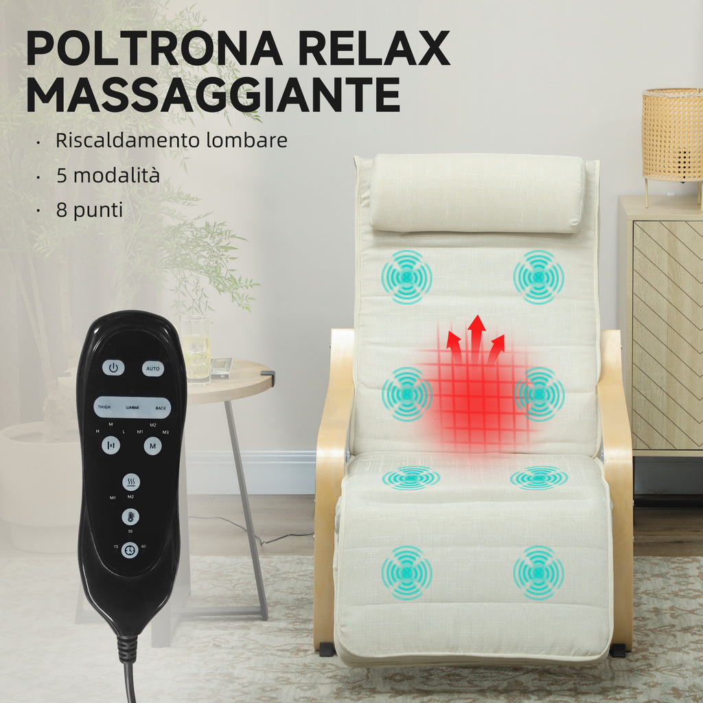 Heated and Massage Relaxing Chair with Adjustable Footrest and Remote Control, 67x95x101 cm, Cream