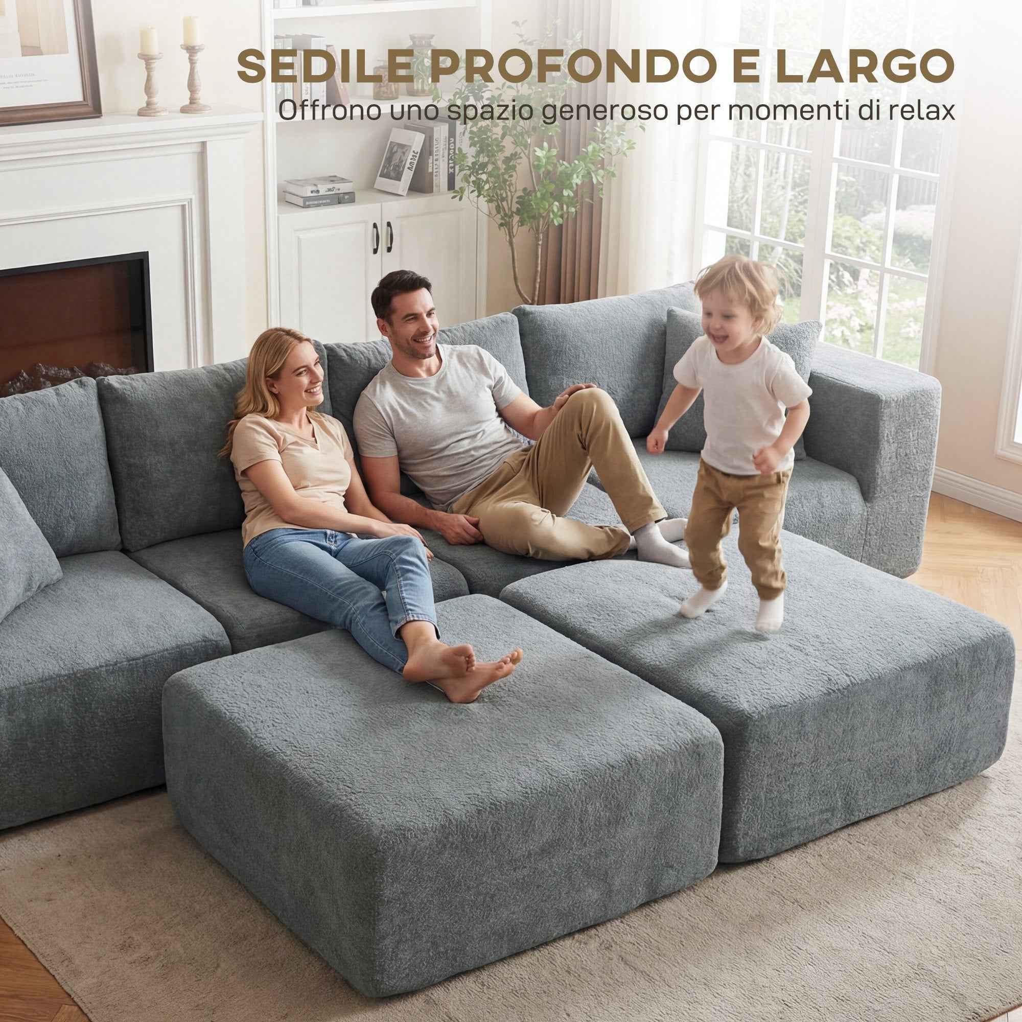 Modular Corner Sofa in Velvet Fabric with Cushions, 294x165x70 cm, Dark Grey