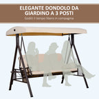 3-Seater Swing with Adjustable Roof, Cup Holder and Cushions, in Metal and Polyester, 208x121x172 cm, Beige