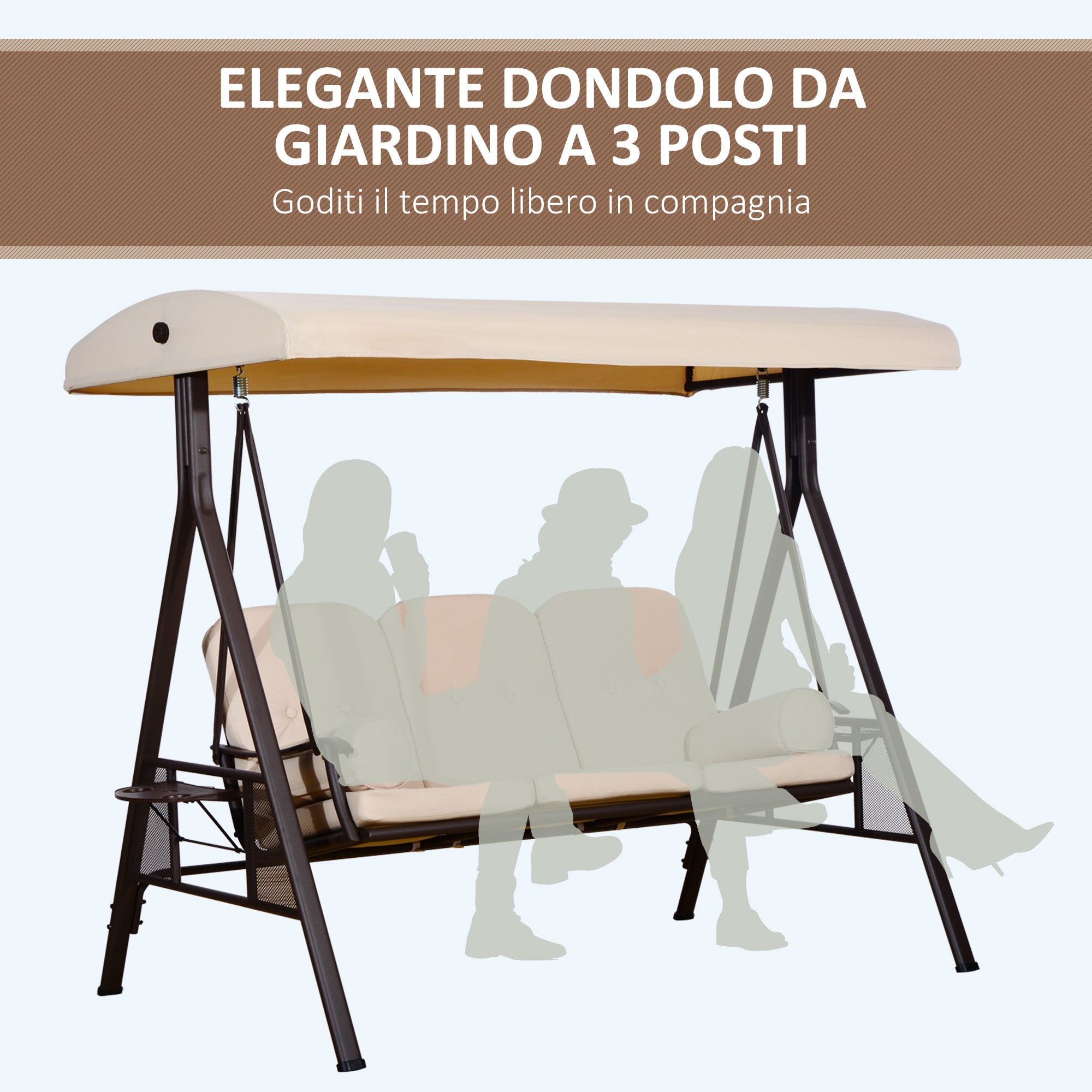 3-Seater Swing with Adjustable Roof, Cup Holder and Cushions, in Metal and Polyester, 208x121x172 cm, Beige