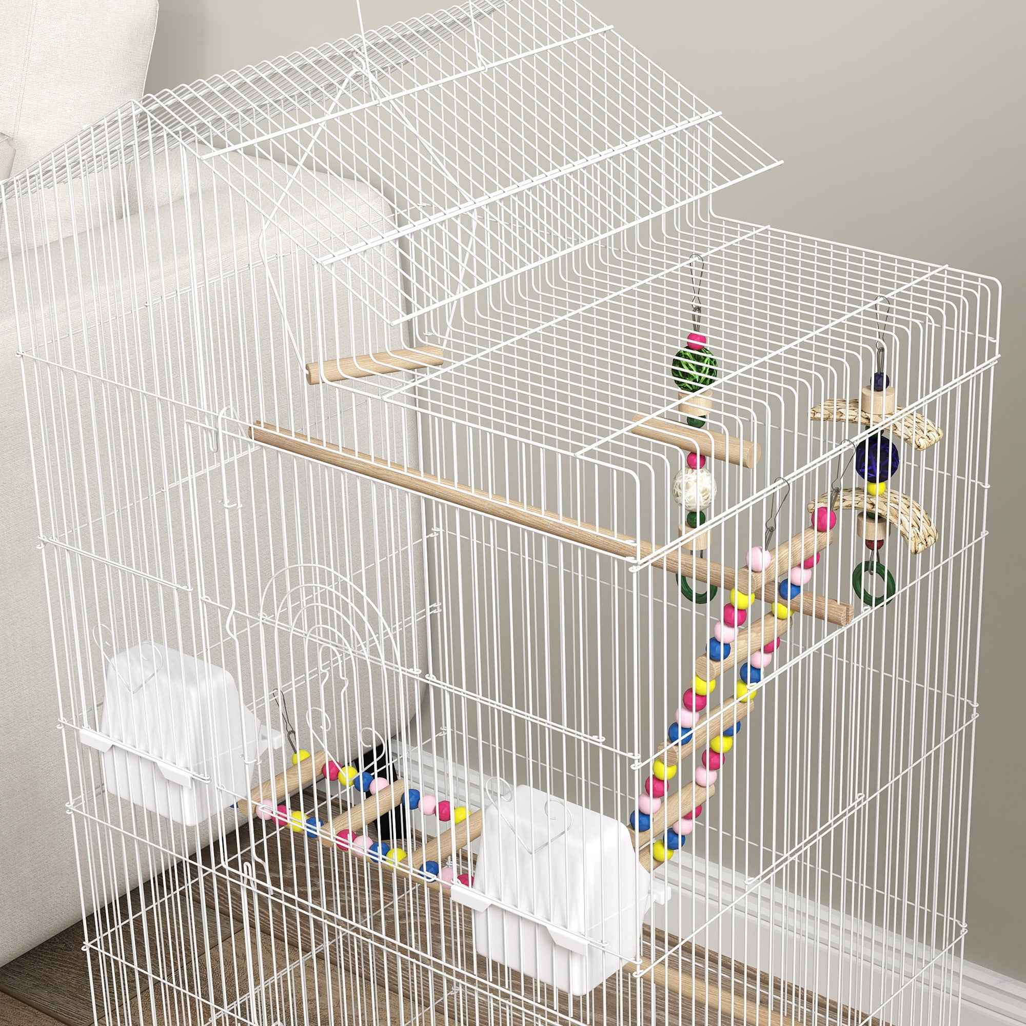 PawHut Bird Cage, Aviary with Handle and Doors, Cage with Swing, Bowls and Toys, 46x36x100 cm, White