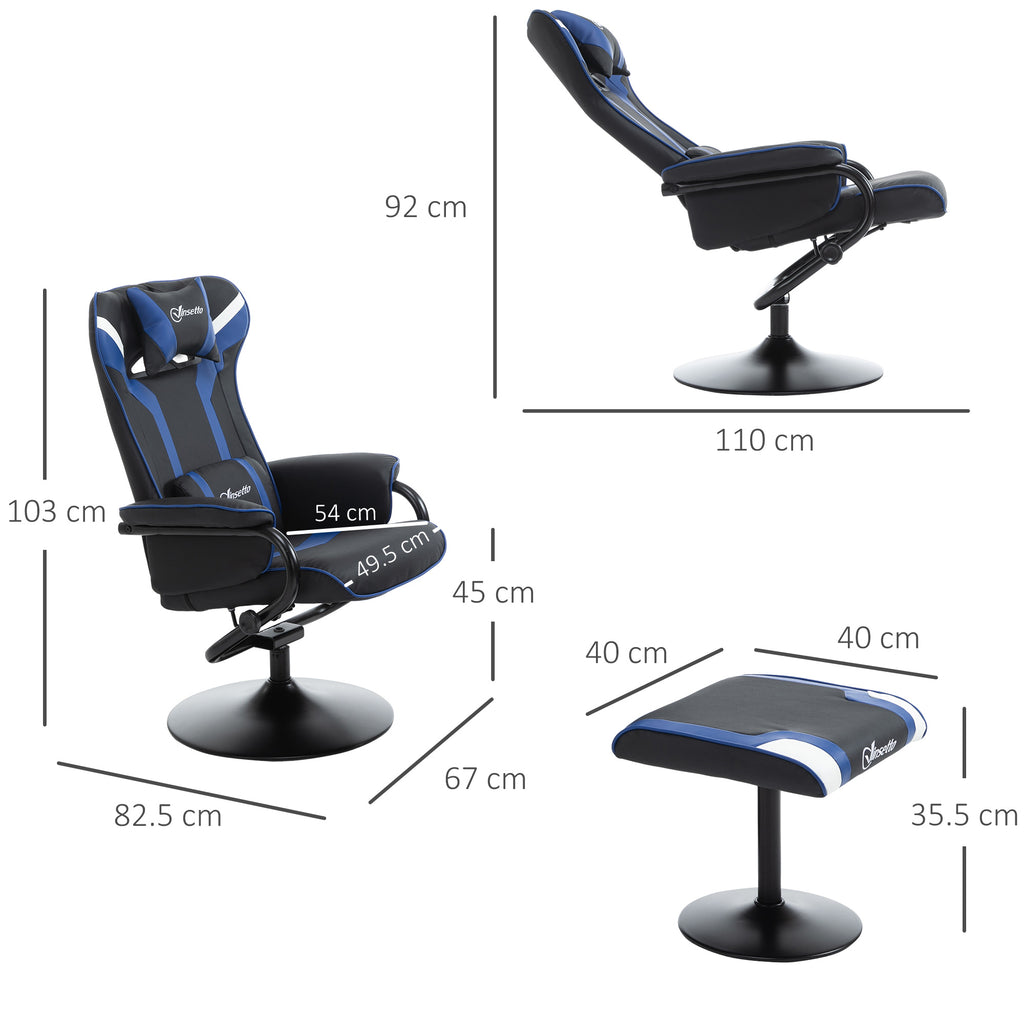 2 Piece Set Gaming Chair Reclining 130° Tilting with Footrest Stool, Black and Dark Blue