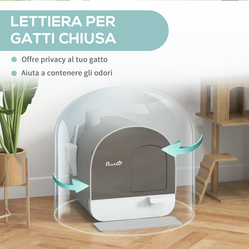 PawHut Closed Cat Litter Box with Filters, Scoop and Tray, PP Structure, 43x44x47cm, Gray - Borgè