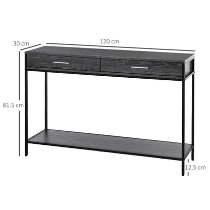 Industrial Style Wood and Steel Entryway Console Table with 2 Drawers, 120x30x81.5cm, Grey