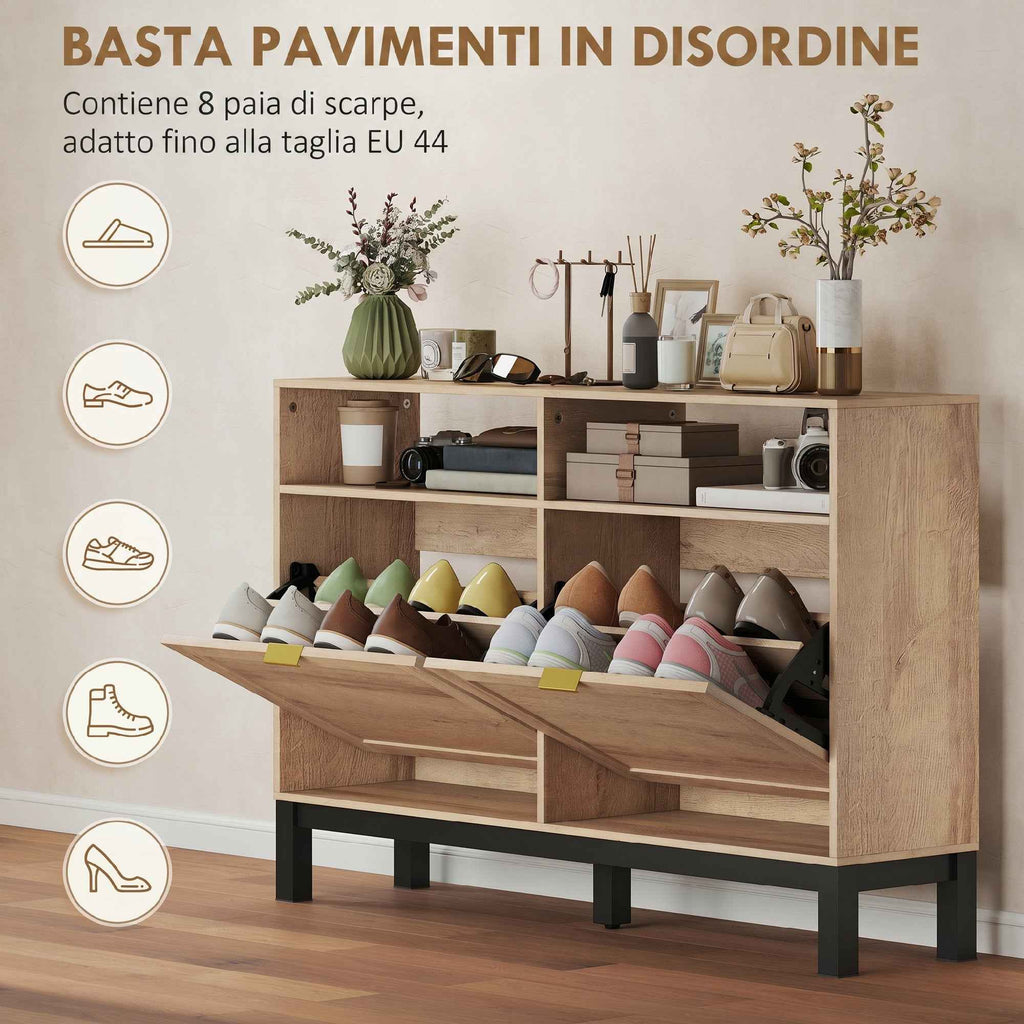 HOMCOM Space-Saving Slim Shoe Rack with 2 Flap Doors and Adjustable Removable Shelves for 8 Pairs, Walnut Color