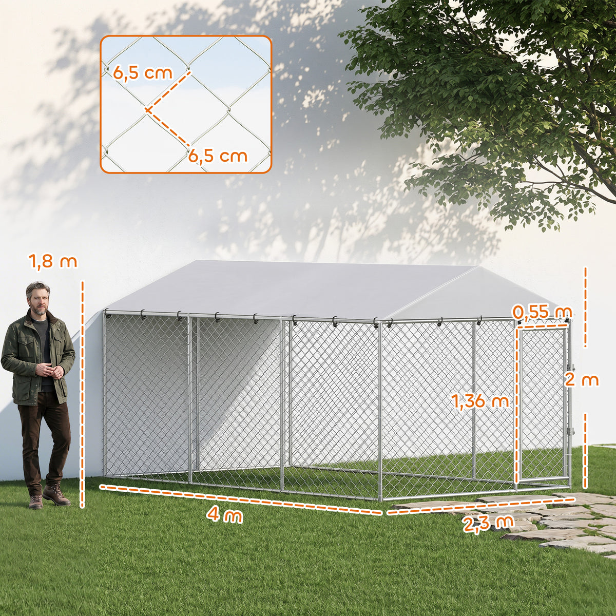 PawHut Outdoor Dog Playpen with Galvanized Mesh and Lock, Steel and Oxford Fabric, 4x2.3x2 m, Silver