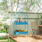 Outsunny 2-Tier Metal House Plant Stand with Hook, 75x35x150cm, Blue and Green