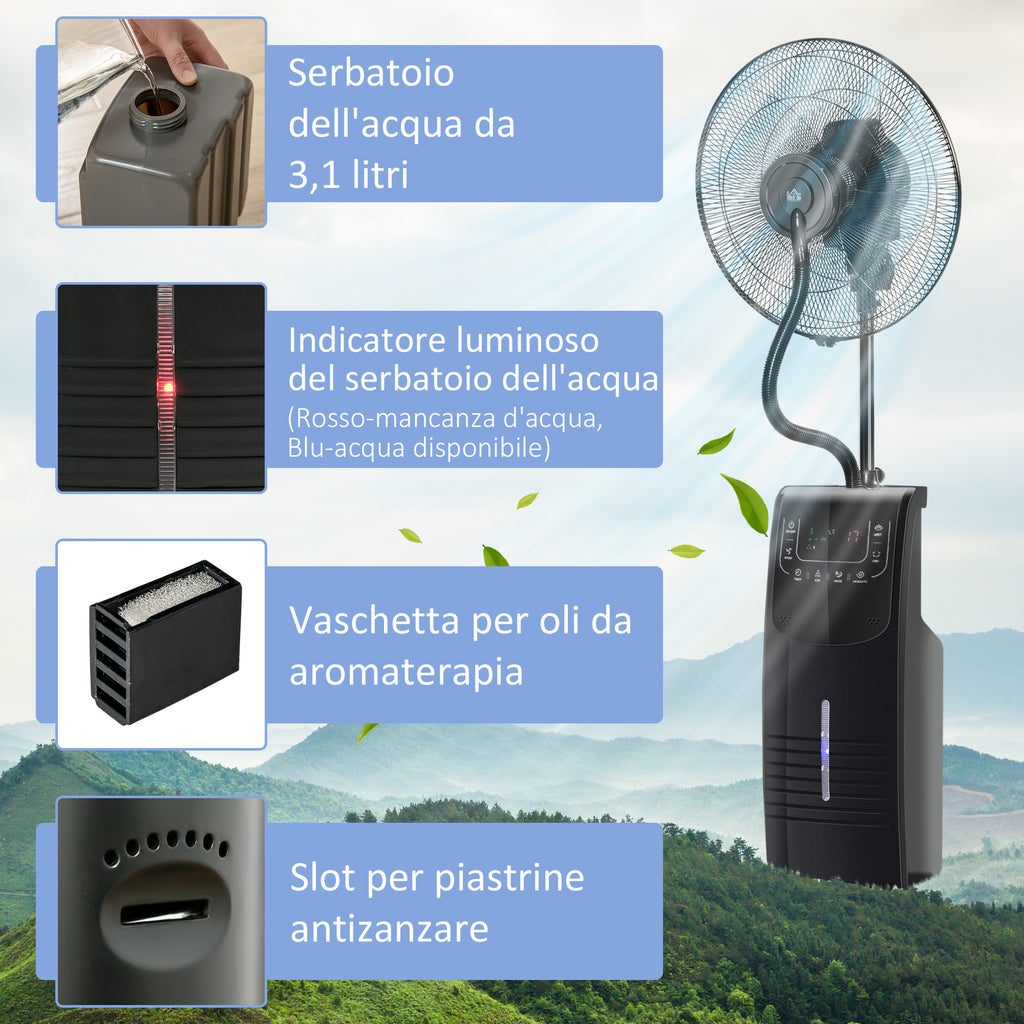 Misting Fan with 5m Remote Control, 12h Timer and 70° Oscillation, 3 Speeds, 3 Functions and Mosquito Repellent, 3.1L Tank, 90W, Ф44.5x135cm Black
