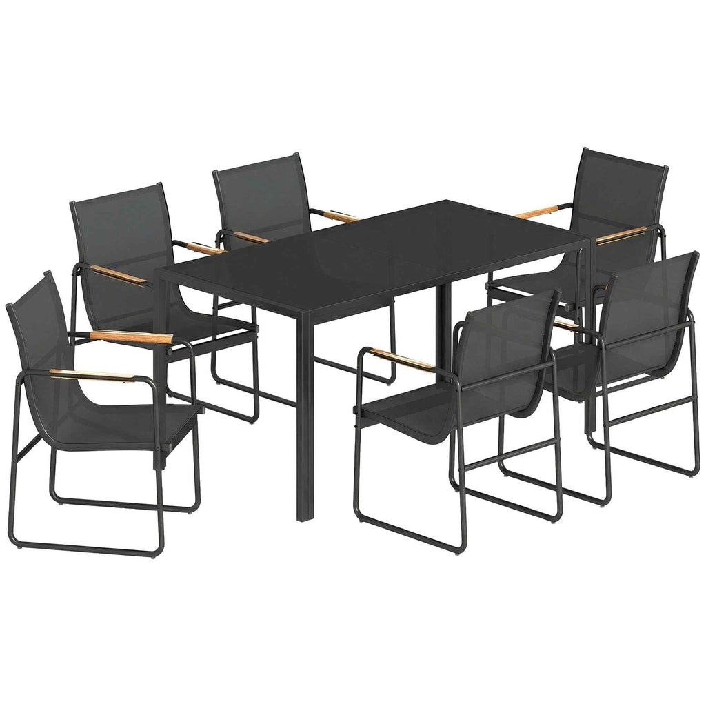 Outsunny Garden Table and 6 Chair Set with Steel and Glass Armrests, Black