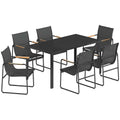 Outsunny Garden Table and 6 Chair Set with Steel and Glass Armrests, Black