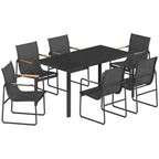 Outsunny Garden Table and 6 Chair Set with Steel and Glass Armrests, Black