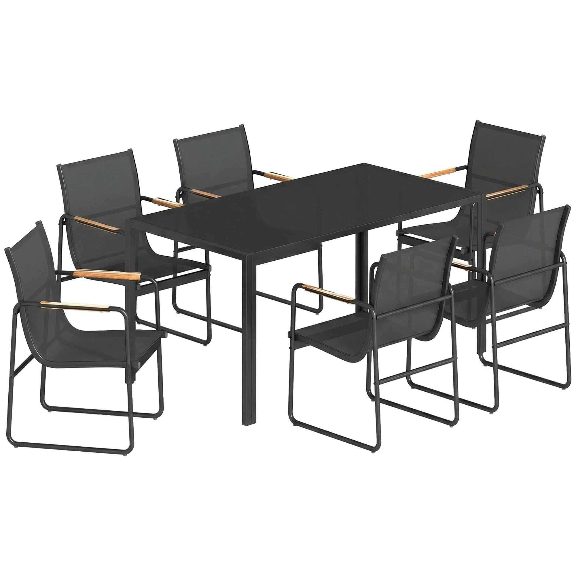 Outsunny Garden Table and 6 Chair Set with Steel and Glass Armrests, Black