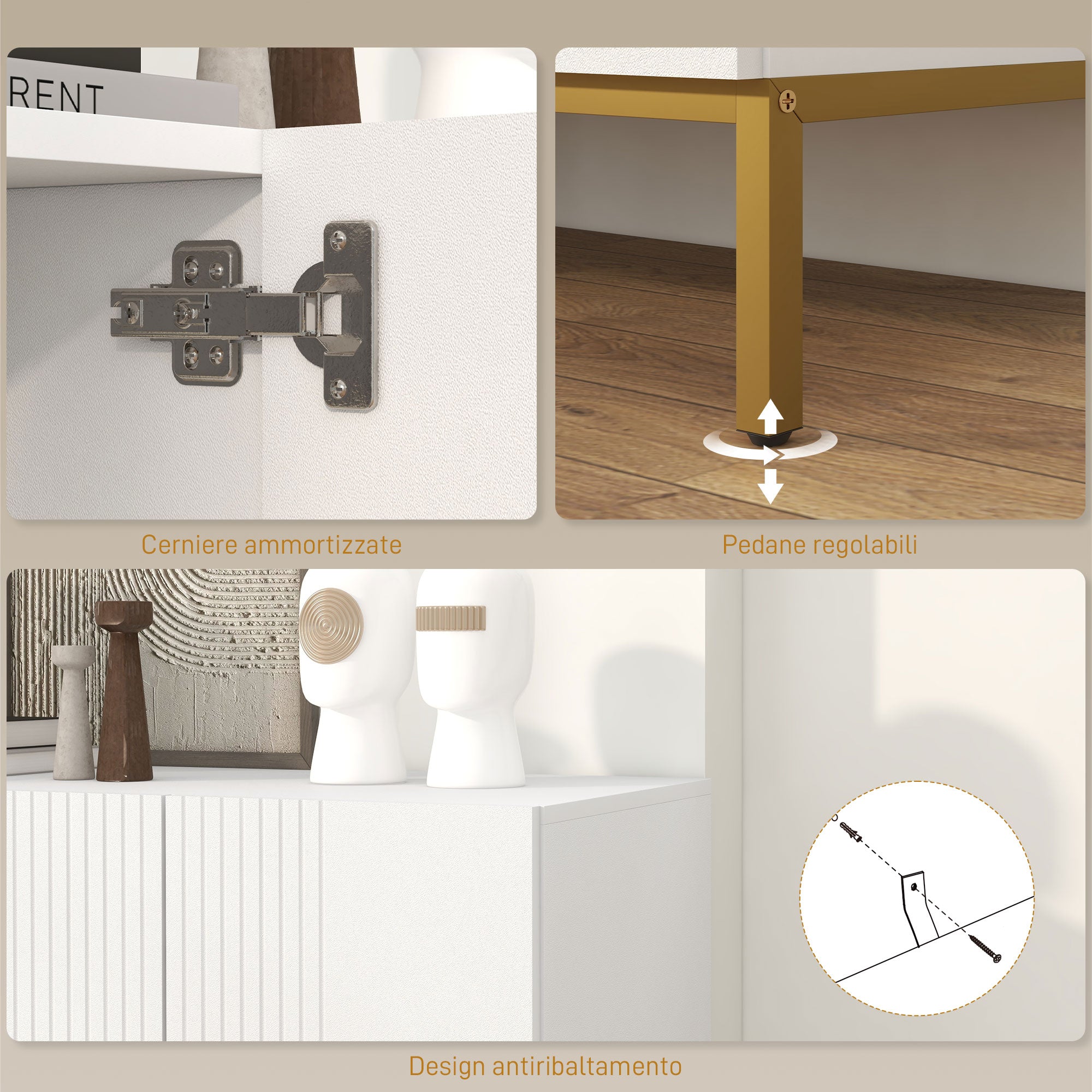 HOMCOM Modern 4-Door Sideboard with Soft Closing and Adjustable Shelves, 140x40x75cm, White and Gold - Borgè