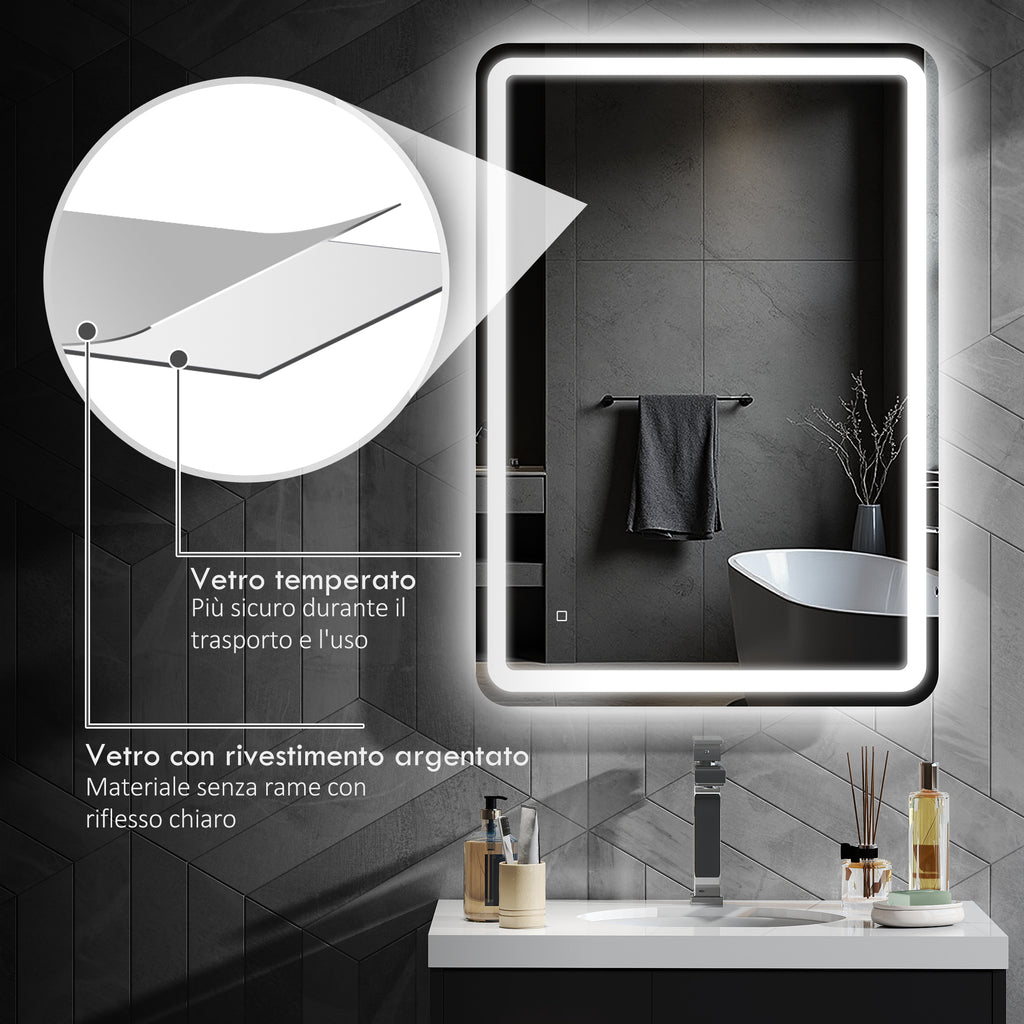 Bathroom Mirror with Touch Switch, 3-Temperature LED Light and Anti-Fog, 70x100cm