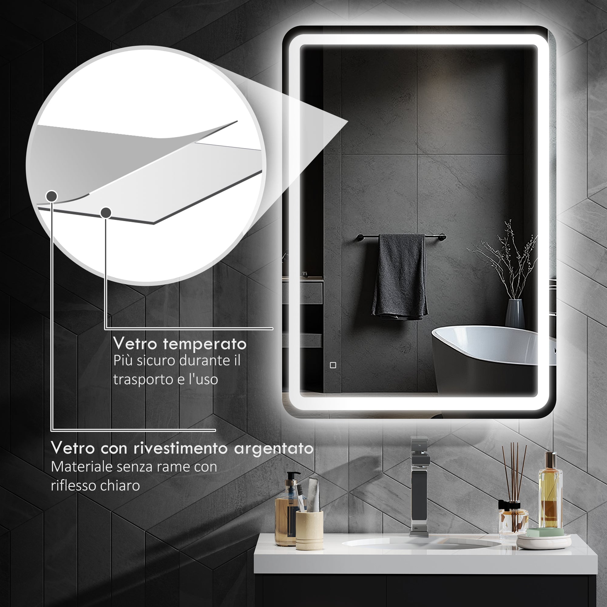 Bathroom Mirror with Touch Switch, 3-Temperature LED Light and Anti-Fog, 70x100cm