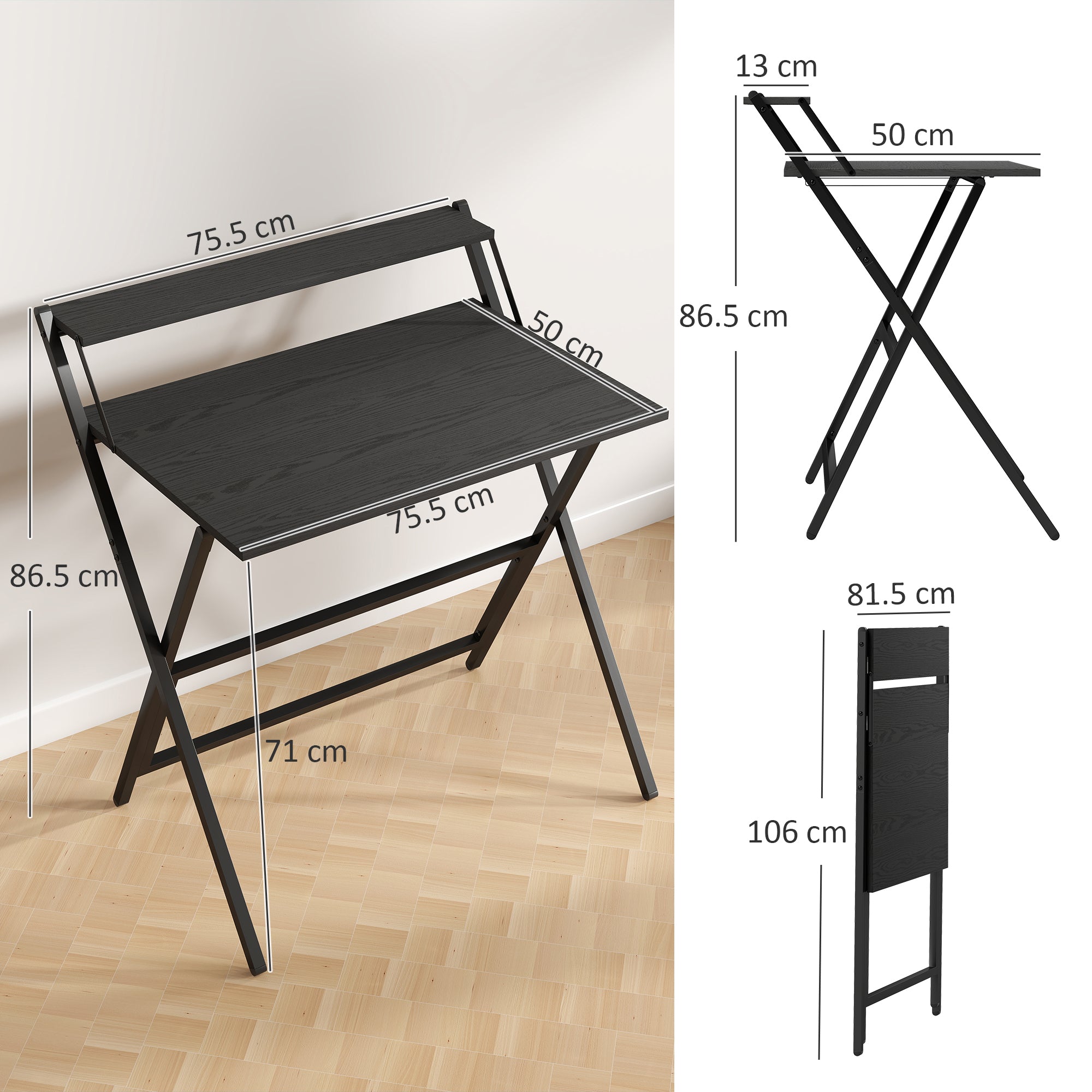 Folding Desk with Monitor Shelf, 81.5x62x86.5 cm, Black