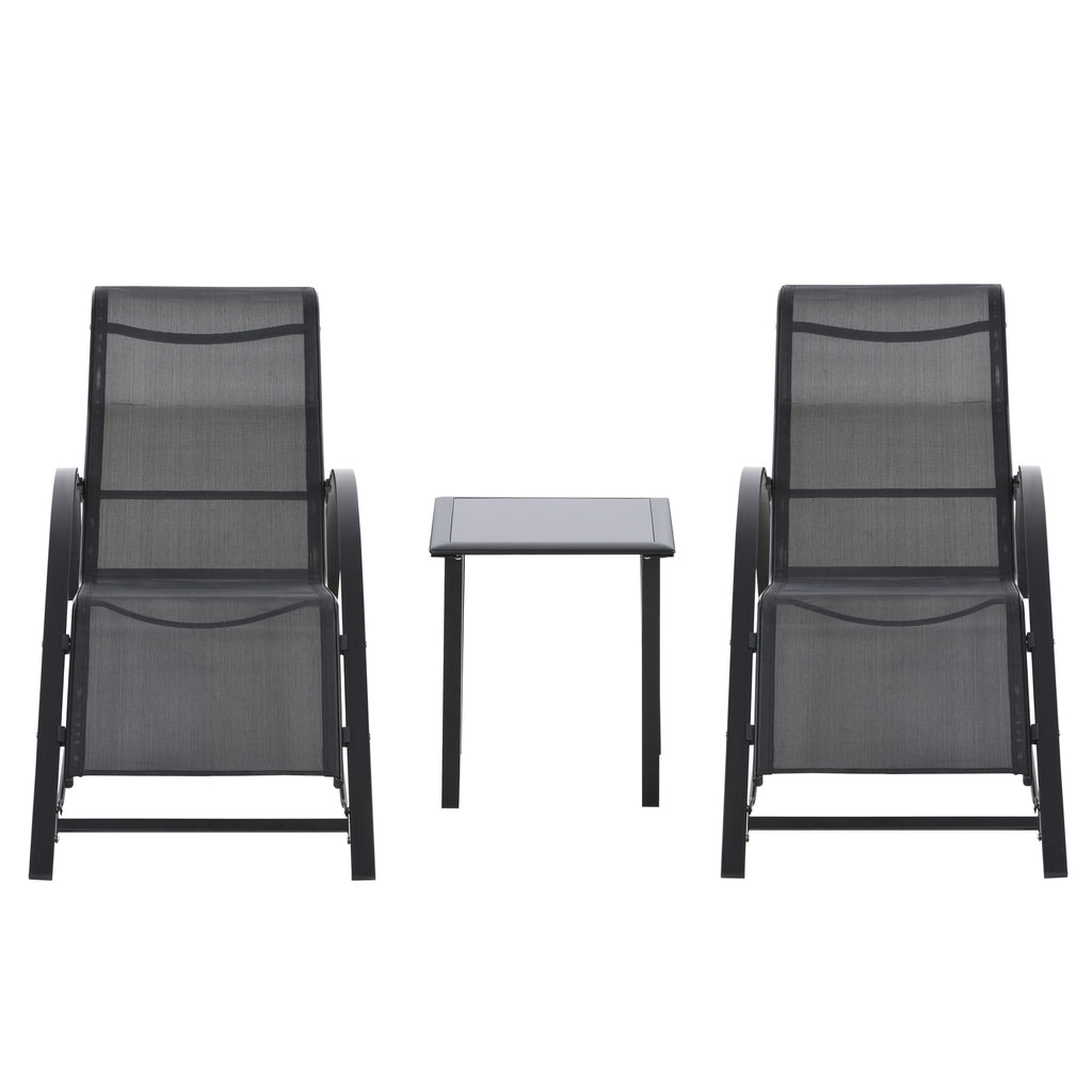 Outsunny Set 2 sun loungers and table with a shelf, in breathable fabric and metal, 59x169x66 cm, black - Borgè