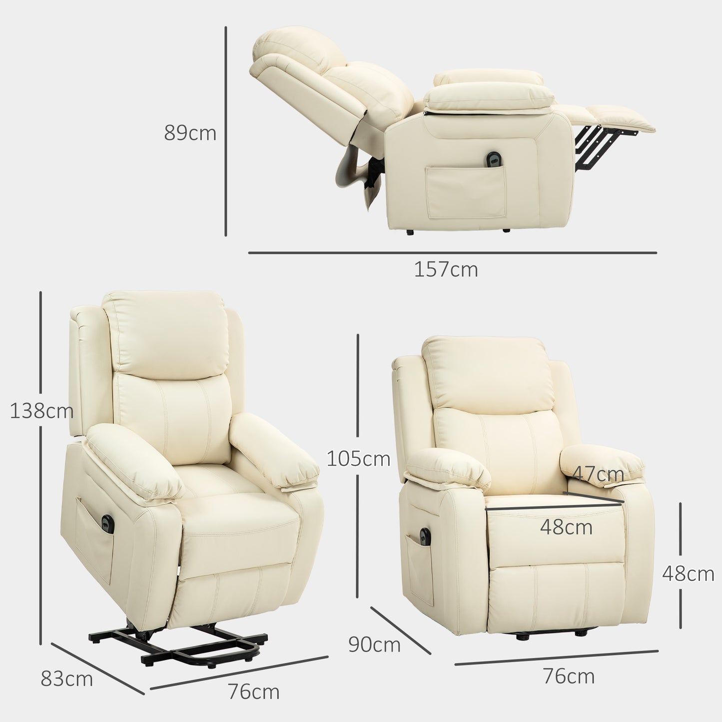 AURORA | 160° Reclining Lift Chair with Footrest and Remote Control, PU Leather and Steel, 76x90x105 cm, Cream