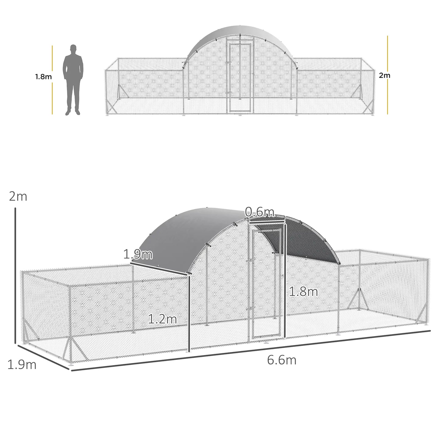 Garden Chicken Coop for 12-14 Chickens in Galvanized Steel and PE with Roof and Lock, 660x190x195 cm