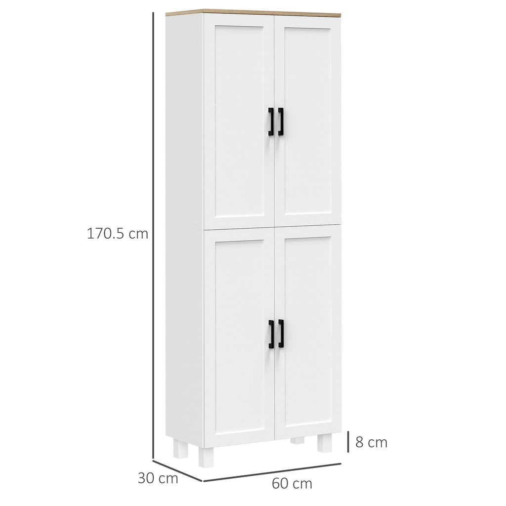 Wooden Kitchen Pantry Cabinet with 5 Adjustable Shelves and 4 Doors, 60x30x170.5 cm, White and Wood Color